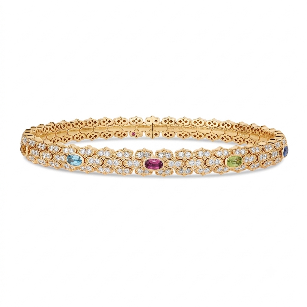 18k Yellow Gold Cobra Narrow Pave Diamond And Mixed Stones (blue Sapphire, Citrine, Peridot, And Ruby) Cuff Bangle