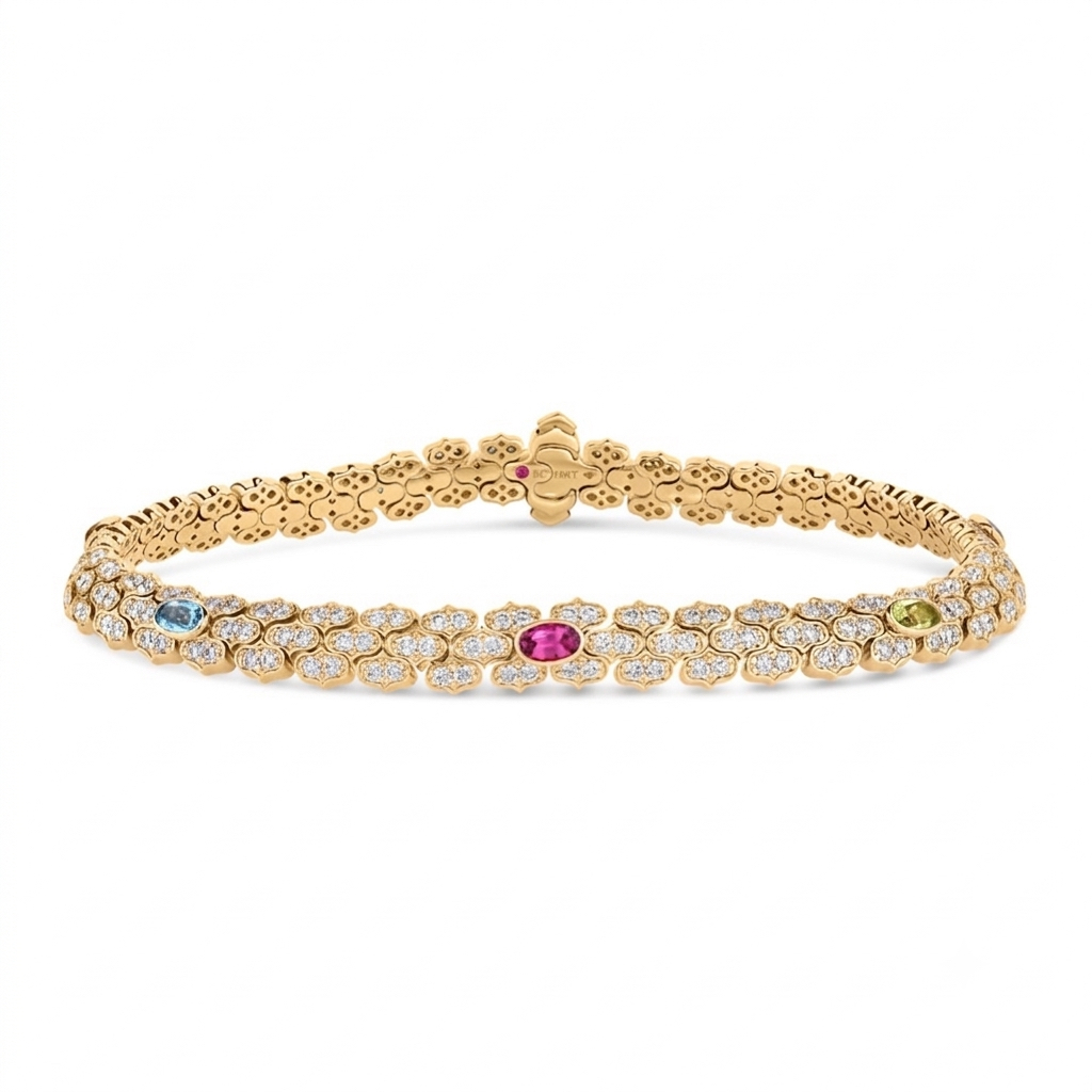 18k Yellow Gold Cobra Narrow Pave Diamond And Mixed Stones (blue Sapphire, Citrine, Peridot, Rubellite, And Ruby) Bracelet