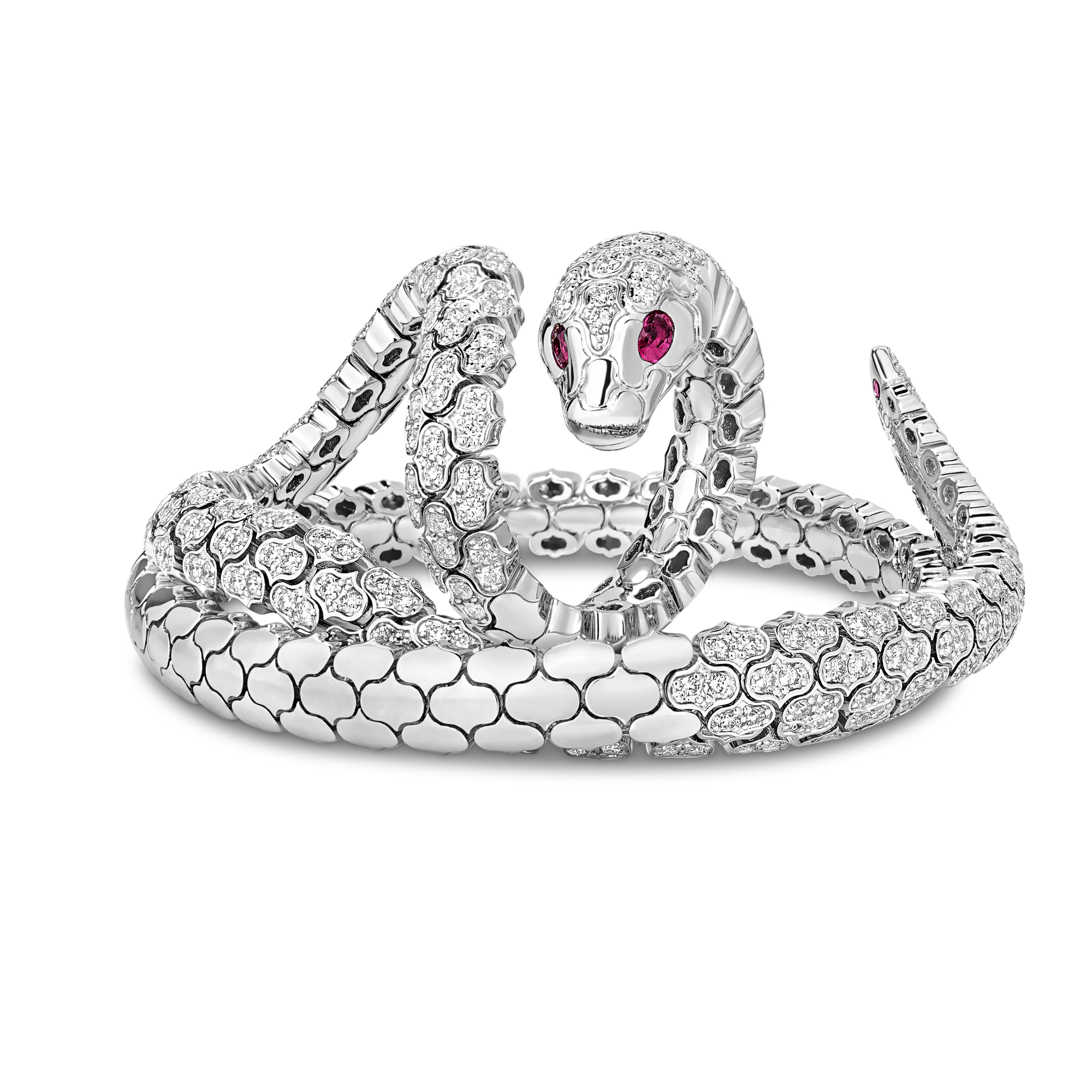 18k White Gold Cobra Pave Diamond Cuff Bangle And Ring