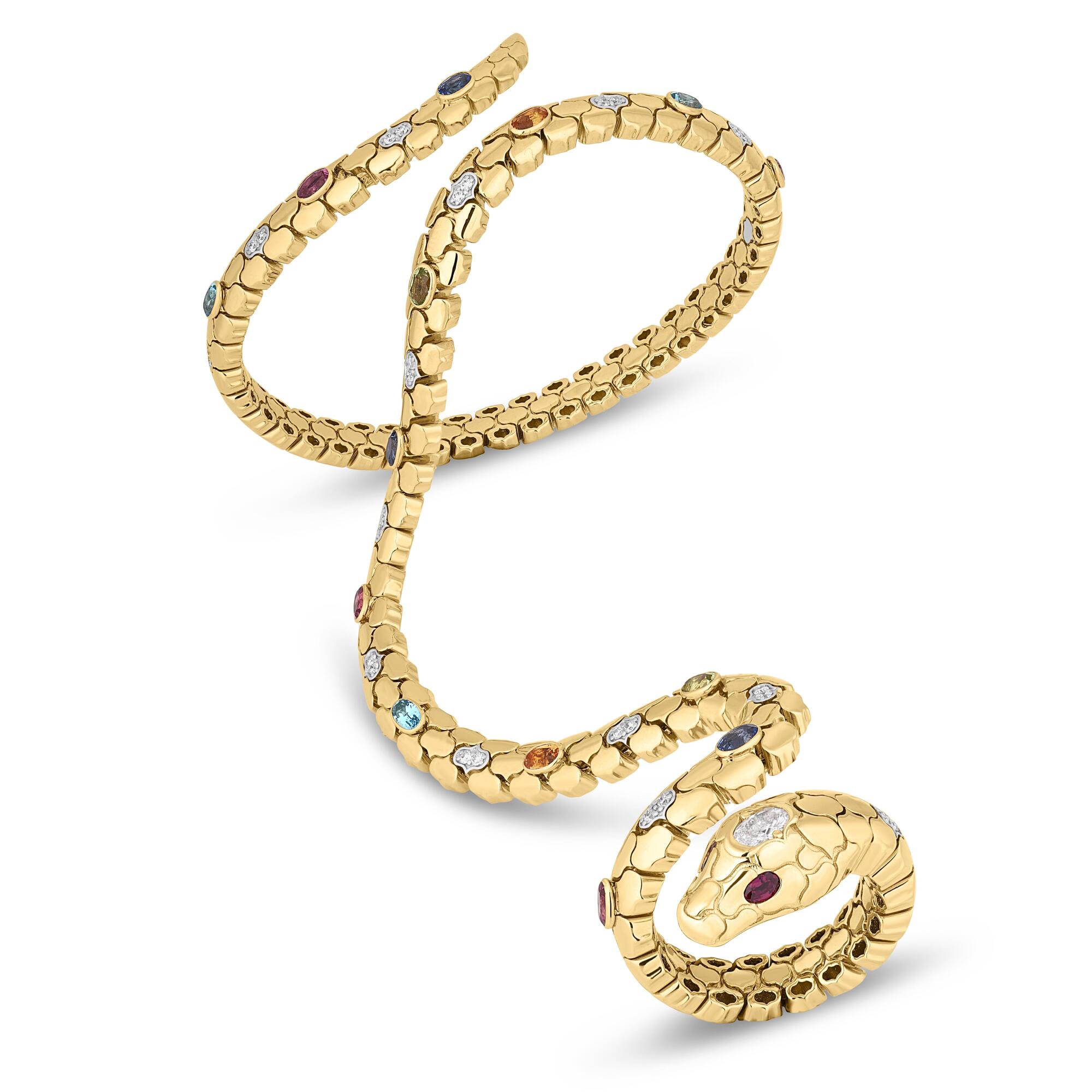 18k Yellow Gold Cobra Diamond And Mixed Stones (blue Sapphire, Citrine, Peridot, Ruby, And Rubellite) Snake Cuff Bangle And Ring