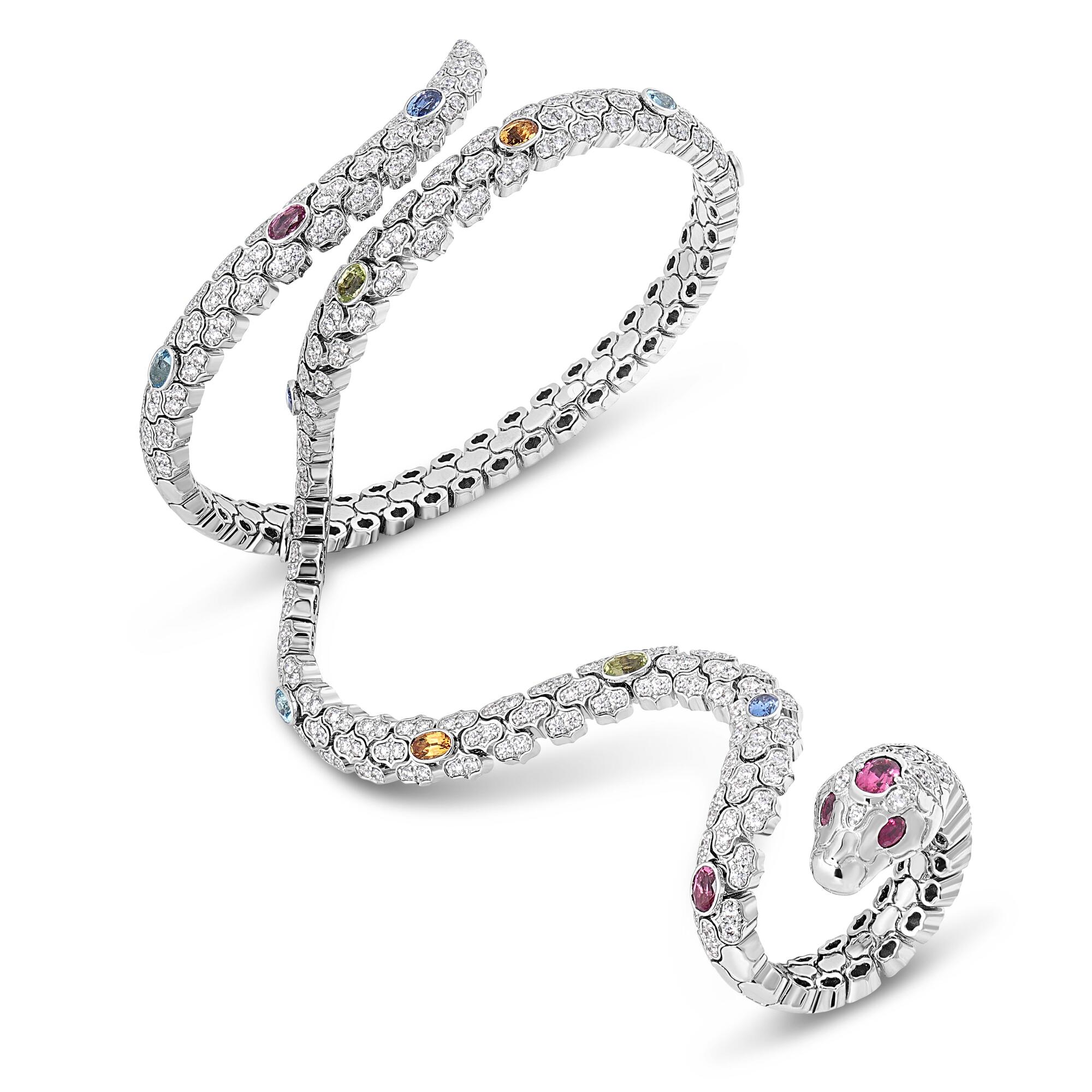 18k White Gold Cobra Diamond And Mixed Stones (blue Sapphire, Citrine, Peridot, Rubellite, And Ruby) Cuff Bangle And Ring