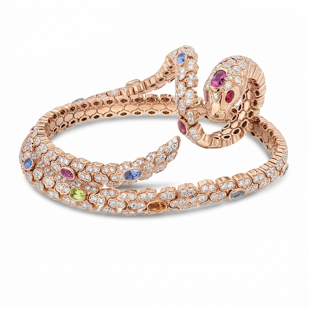 18k Rose Gold Cobra Diamond And Mixed Stones (blue Sapphire, Citrine, Peridot, Rubellite, And Ruby) Cuff Bangle And Ring