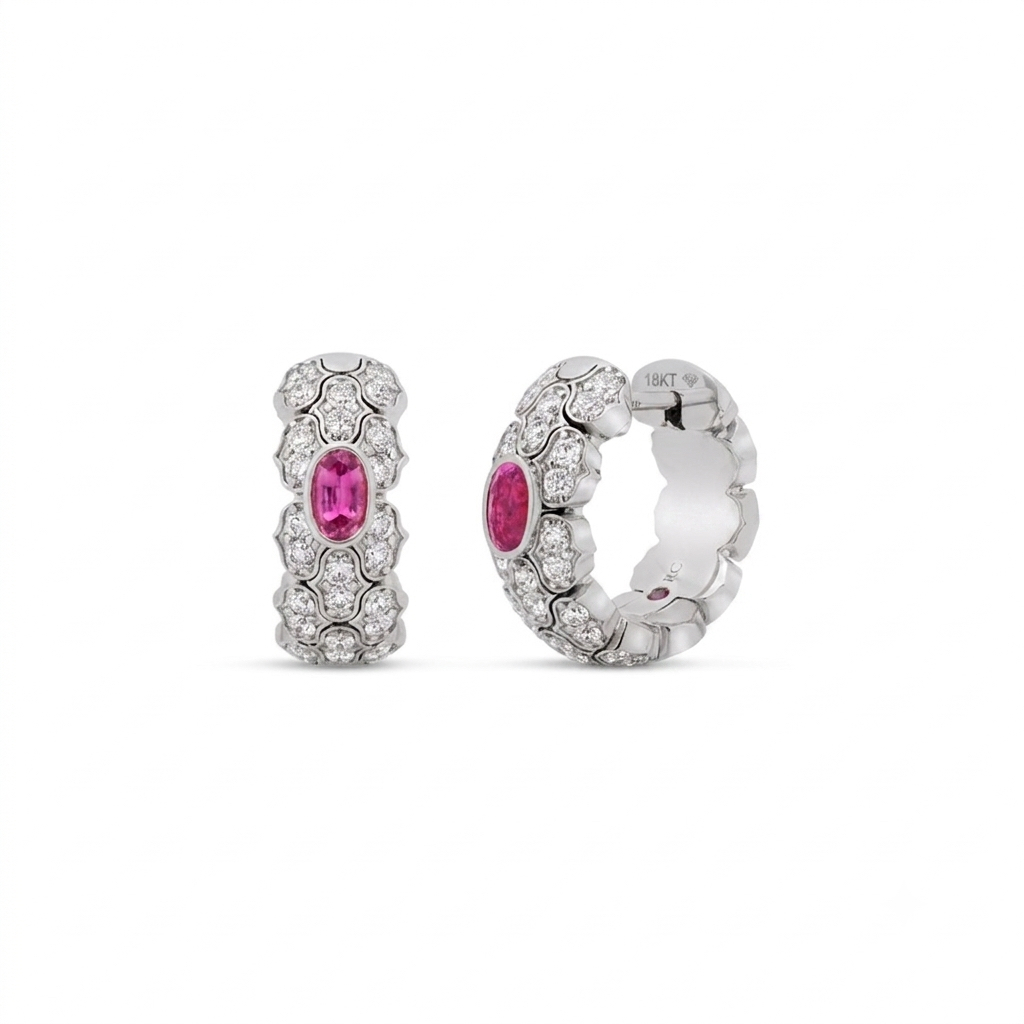 18k White Gold Cobra Pave Diamond And Rubellite Hoop Earrings