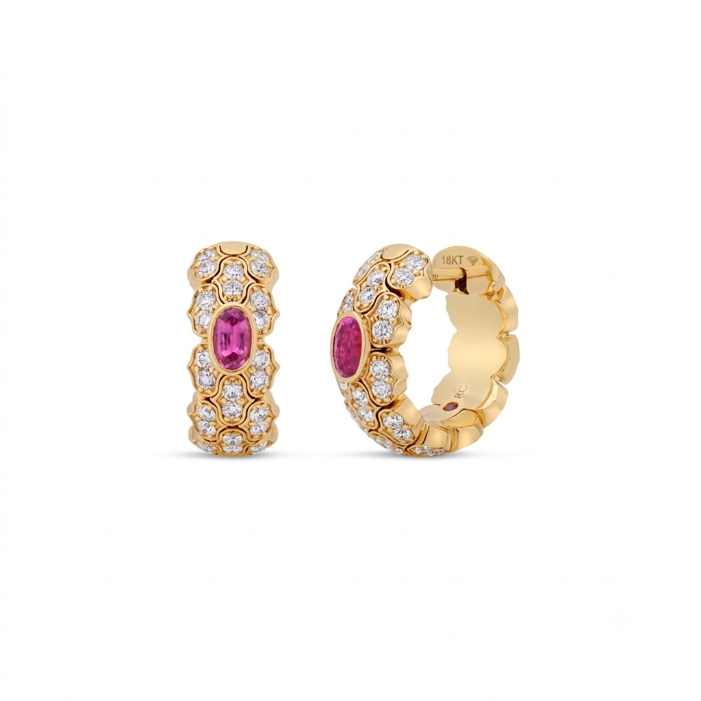 18k Yellow Gold Cobra Pave Diamond And Rubellite Hoop Earrings
