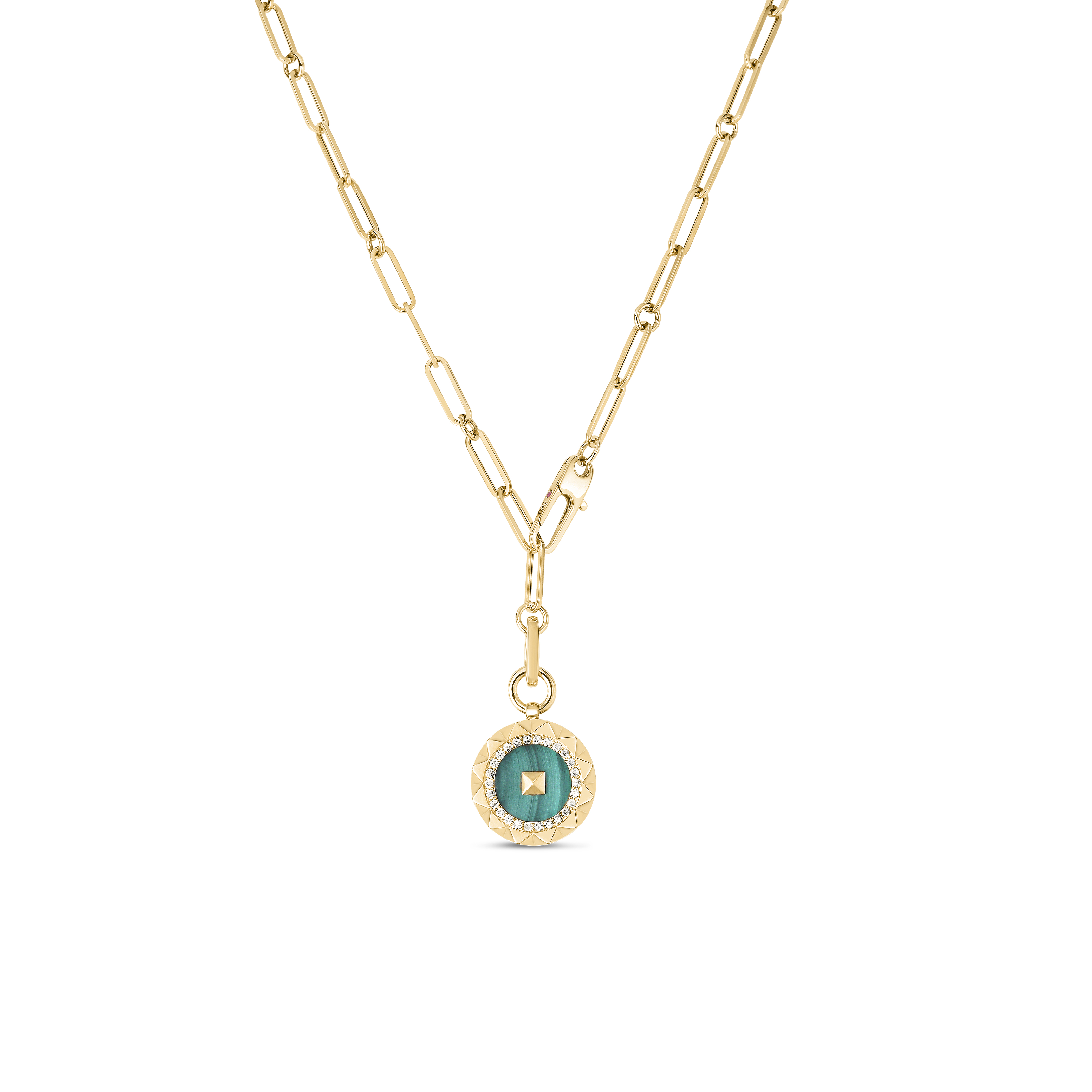18k Yellow Gold Obelisco Small Diamond & Malachite Medallion Necklace